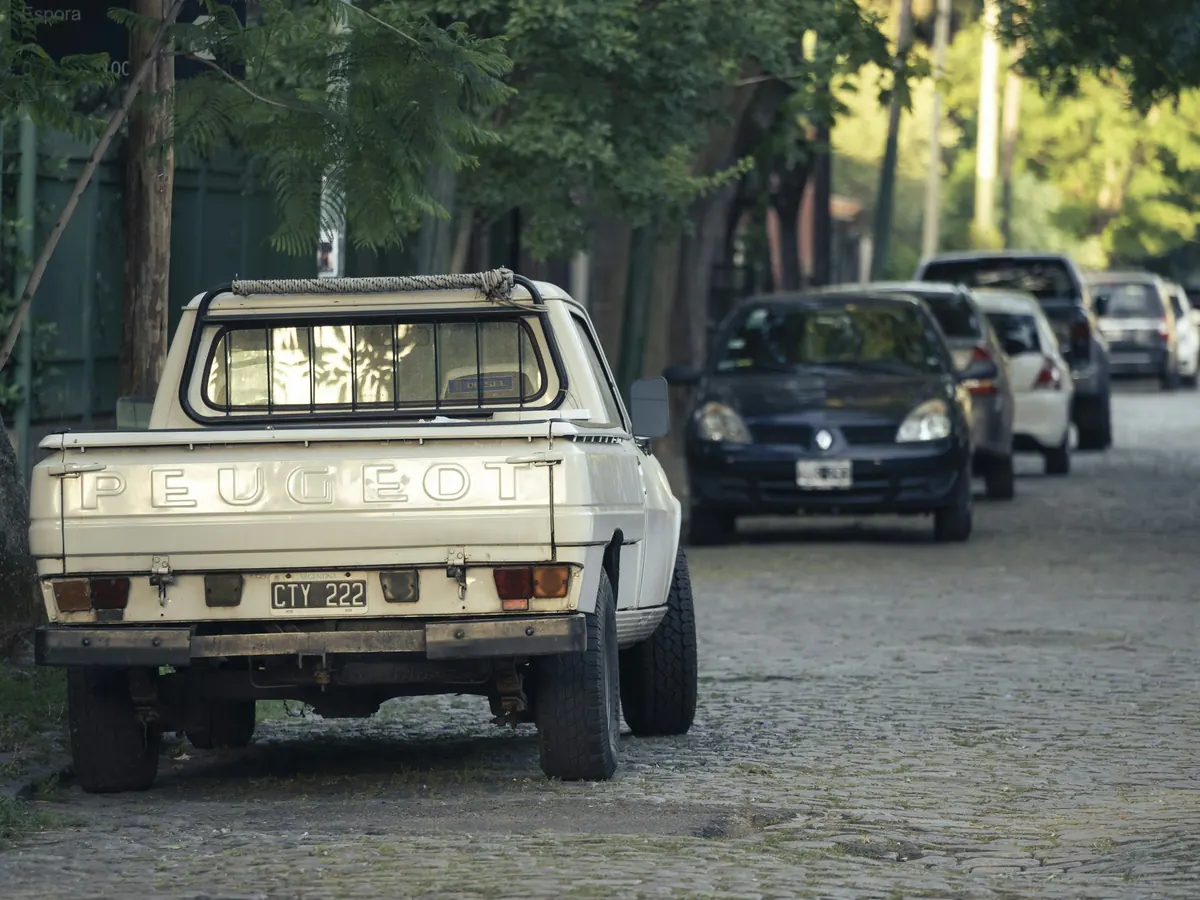Camioneta Peugeot 504 color crema con patente argentina, estacionada en una calle empedrada con árboles.